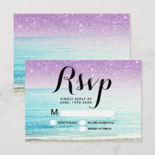 Invitación foto de boda con purpurina morada en la playa RSVP