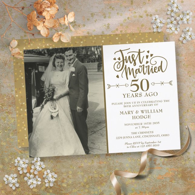 Invitación Foto de Boda de 50 años casada (Just Married 50th Anniversary Wedding Photo Invitation)