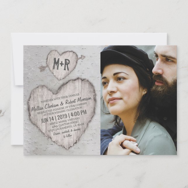 Invitación Foto de boda de abedul plateado rústico (Anverso)