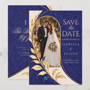 Invitación Foto de boda de arco botánico de oro azul real