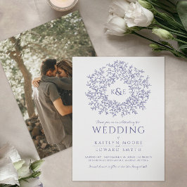 Invitación Foto de boda de arte de hoja azul con monograma