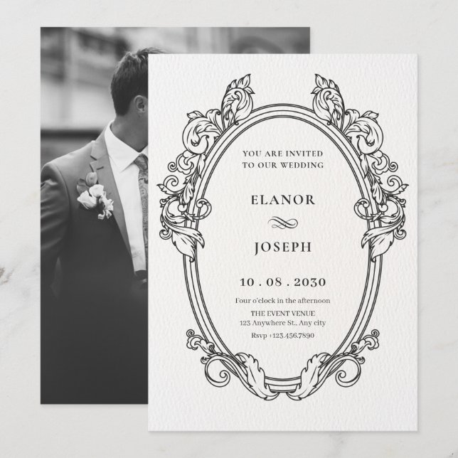 Invitación Foto de boda de arte de marco elegante de época (Anverso / Reverso)