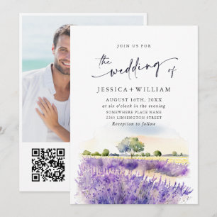 Invitación Foto de boda de campo de lavanda púrpura acuarela 