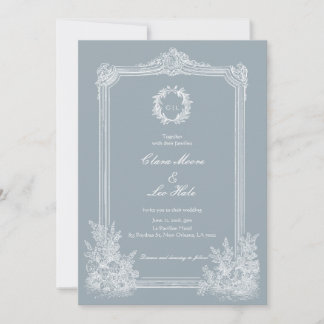 Invitación Foto de Boda de Campo Francés Azul Pizarra