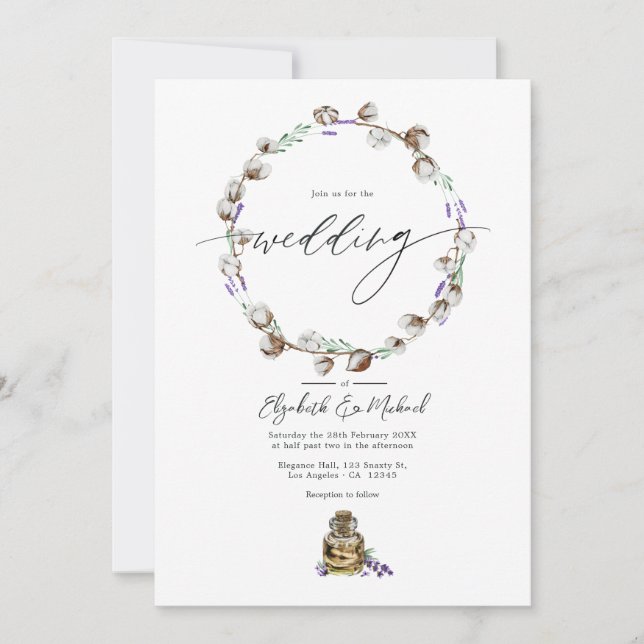 Invitación Foto de Boda de Campo Rústica de Algodón y Lavanda (Anverso)