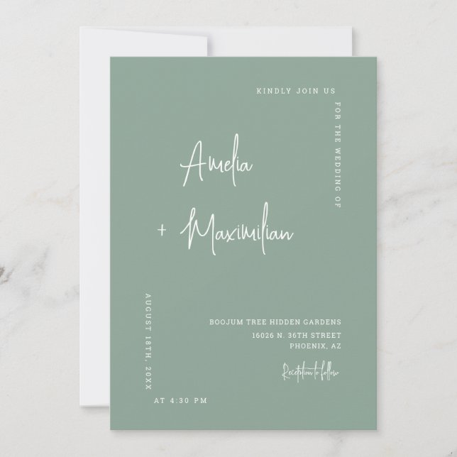 Invitación Foto de Boda de código QR verde suave verde Minima (Anverso)
