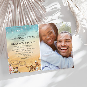 Invitación Foto de boda de corazón de playa tropical
