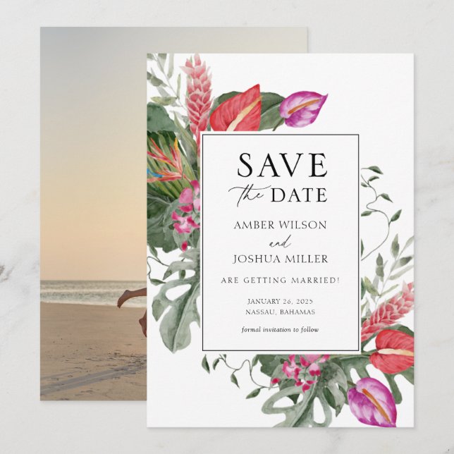 Invitación Foto de boda de destino tropical Guardar la fecha (Anverso / Reverso)