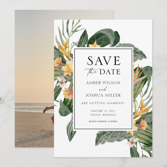 Invitación Foto de boda de destino tropical Guardar la fecha (Anverso / Reverso)