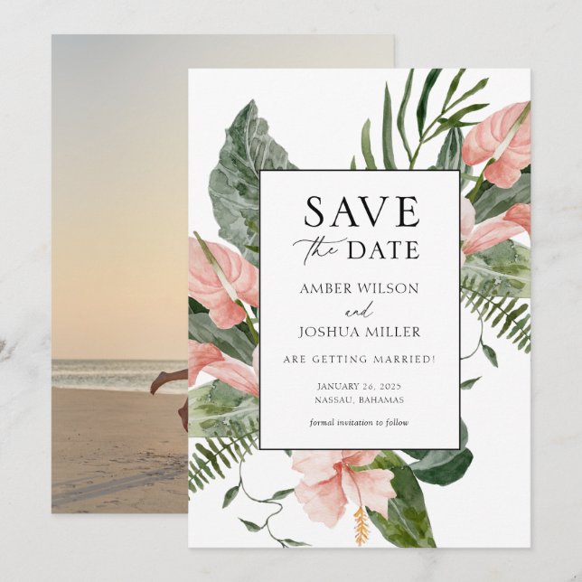 Invitación Foto de boda de destino tropical Guardar la fecha (Anverso / Reverso)