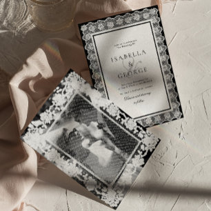 Invitación Foto de boda de encaje en blanco y negro Old Money