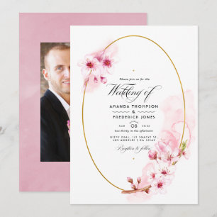 Invitación Foto de Boda de Flor de Cerezo de Primavera Rosa