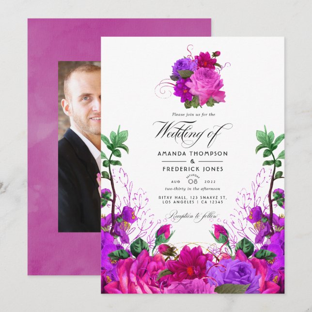 Invitación Foto de Boda de flores púrpura y de la fucsia vene (Anverso / Reverso)