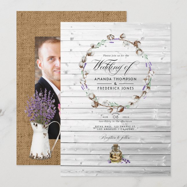 Invitación Foto de boda de granero campestre de algodón rústi (Anverso / Reverso)