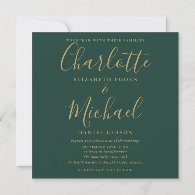 Invitación Foto De Boda De Guión Verde Esmeralda Y Oro (Anverso)