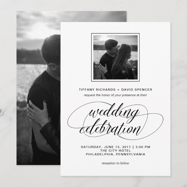 Invitación Foto de Boda de guiones de brillo en blanco y negr (Anverso / Reverso)