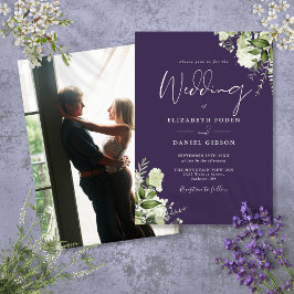 Invitación Foto de boda de hojas de verde elegante púrpura 
