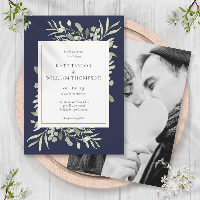 Invitación Foto de Boda de Hojas Verdes Azul Marino (Navy Blue Greenery Leaves Photo Wedding Invitation)