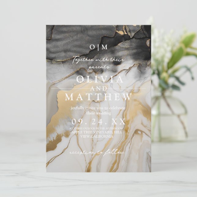 Invitación Foto de Boda de Mármol negro y dorado (Anverso de pie)