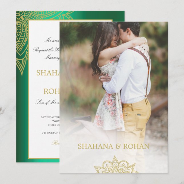 Invitación Foto de Boda de Moda Oro Verde de estilo indio for (Anverso / Reverso)