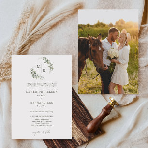 Invitación Foto de Boda de monograma botánico elegante formal