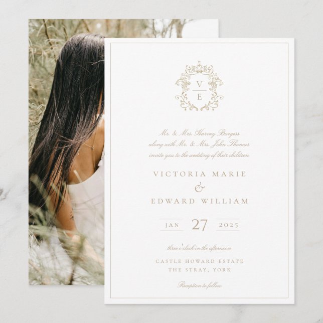 Invitación Foto de Boda de monograma Escudo Beige (Anverso / Reverso)