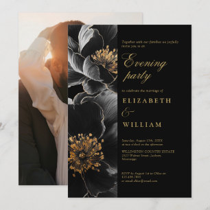 Invitación Foto de boda de noche floral negra y dorada