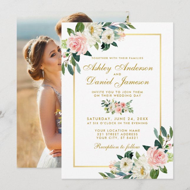 Invitación Foto de Boda de oro blanco floral de Rubor rosa (Anverso / Reverso)
