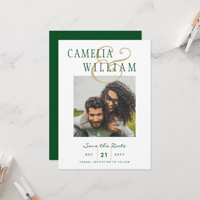 Invitación FOTO de Boda de oro verde esmeralda salva la fecha (Anverso/Reverso In Situ)