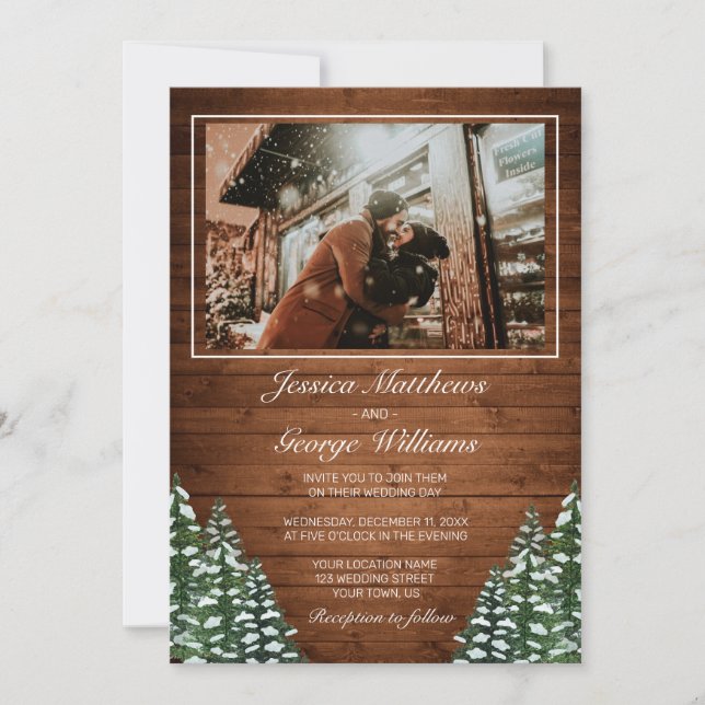 Invitación Foto de Boda de pino de bosque de nieve y bosques (Anverso)