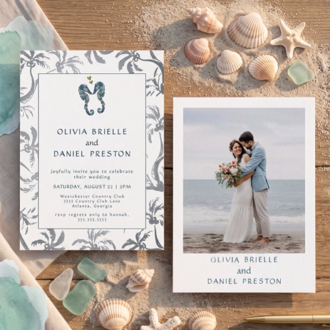Invitación Foto de boda de playa con caballito de mar azul co (Subido por el creador)