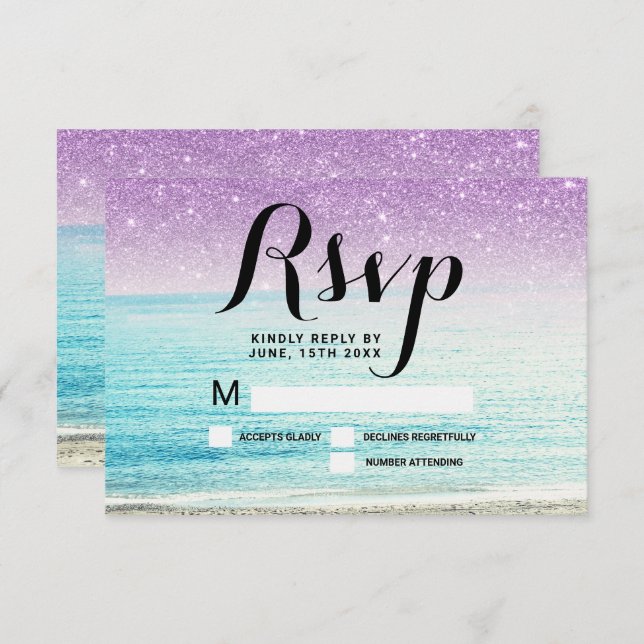 Invitación foto de boda de playa con purpurina púrpura RSVP (Anverso / Reverso)