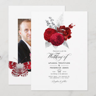 Invitación Foto de boda de rosa vintage roja y plateada