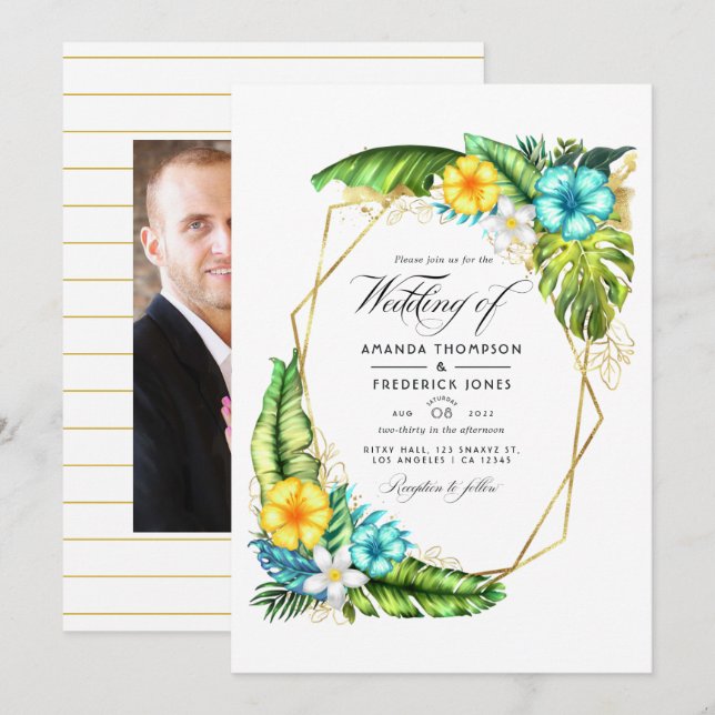 Invitación Foto de Boda de verano tropical de Aloha geométric (Anverso / Reverso)