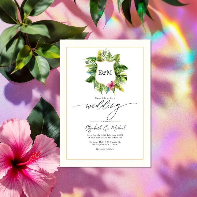 Invitación Foto de Boda de verde tropical y código QR (Tropical Greenery Wedding Photo and QR Code Invitation)