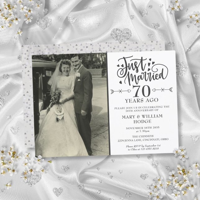 Invitación Foto de Boda del 70 aniversario recién casada (Just Married 70th Anniversary Wedding Photo Invitation)