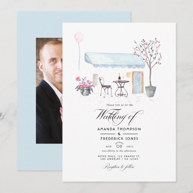 Invitación Foto de boda en acuarela en París (Anverso / Reverso)