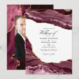 Invitación Foto de boda en ágata de color burgundy y dorado