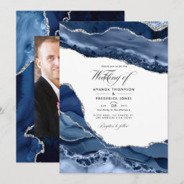 Invitación Foto de boda en ágata plateada y azul marino