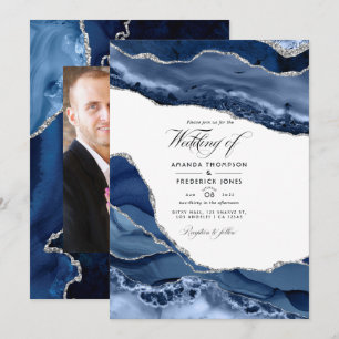 Invitación Foto de boda en ágata plateada y azul marino