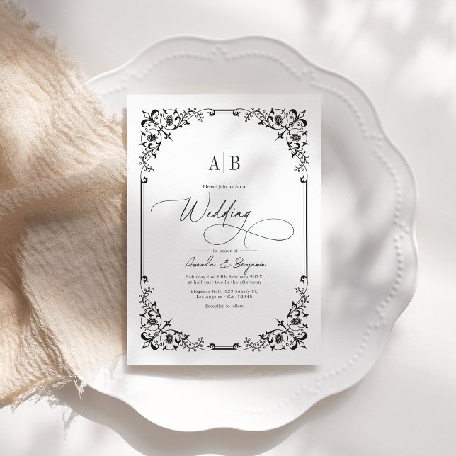 Invitación Foto de boda en blanco y negro con código QR (Monogram Black and White Wedding Photo and QR Code Invitation)