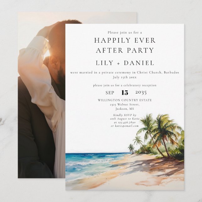 Invitación Foto de boda en la playa tropical Felices para sie (Anverso / Reverso)