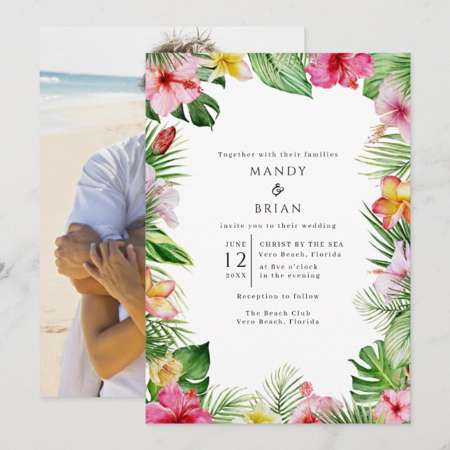 Invitación Foto de Boda en Playa Tropical (Anverso / Reverso)