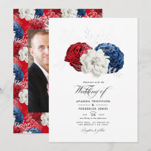 Invitación Foto de Boda estadounidense de color blanco y azul