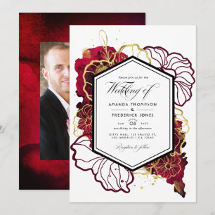 Invitación Foto de boda floral abstracta en burgundy y dorado