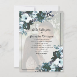 Invitación Foto de boda floral azul crepuscular polvoriento