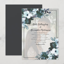 Invitación Foto de boda floral azul crepuscular polvoriento