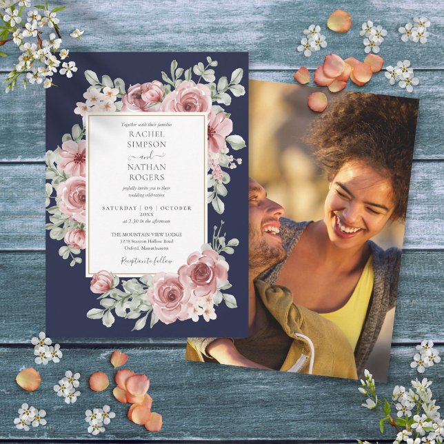 Invitación Foto de Boda Floral Azul Marino Rosa Polvoriento D (Navy Blue Dusty Rose Floral Gold Wedding Photo Invitation)