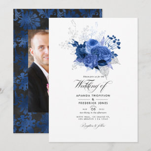 Invitación Foto de boda floral azul real y plata