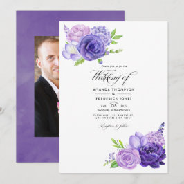 Invitación Foto de boda floral con acuarela de color violeta 